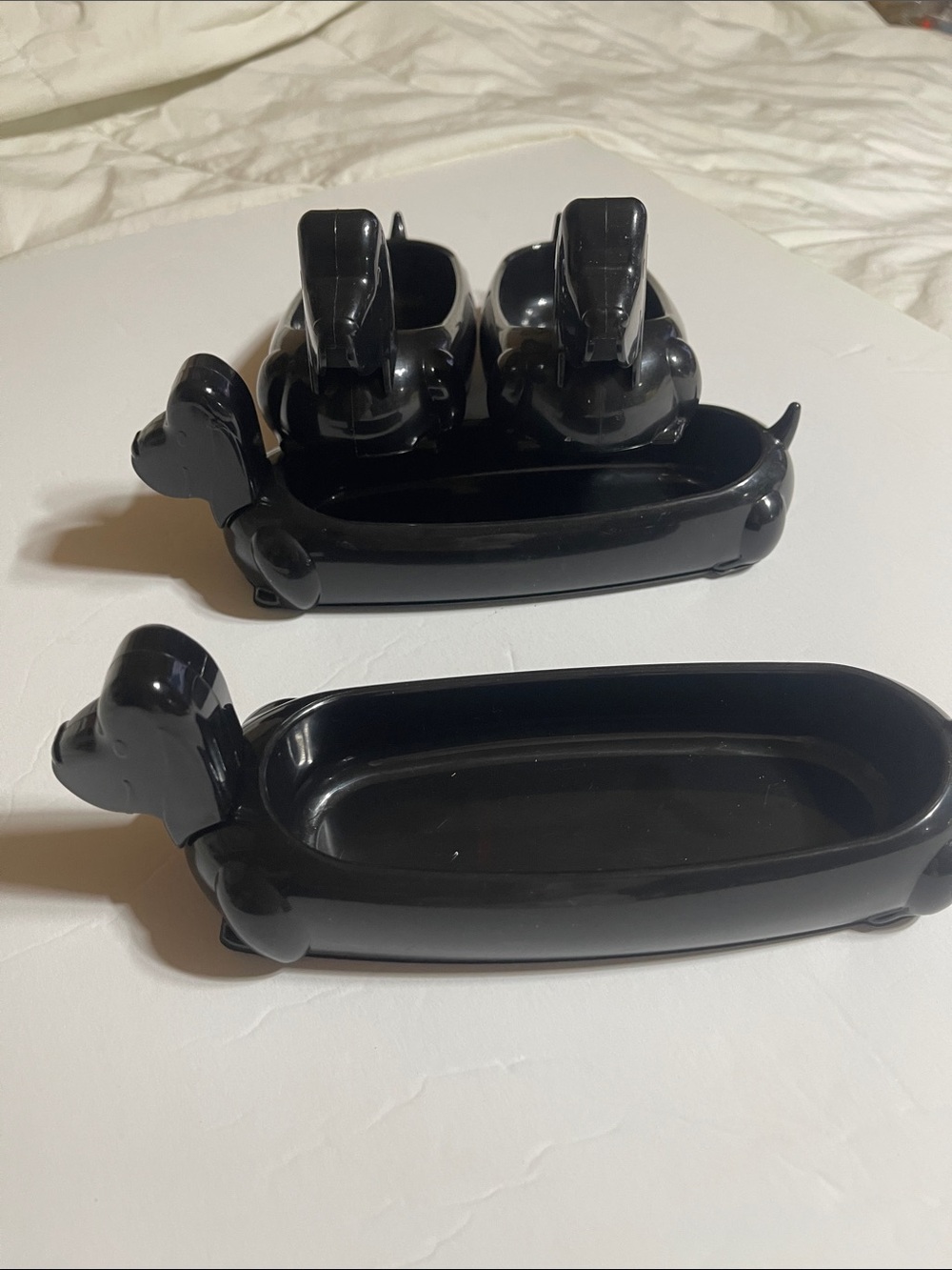 Set of 4 Dachshund Shaped Hot Dog Holders.